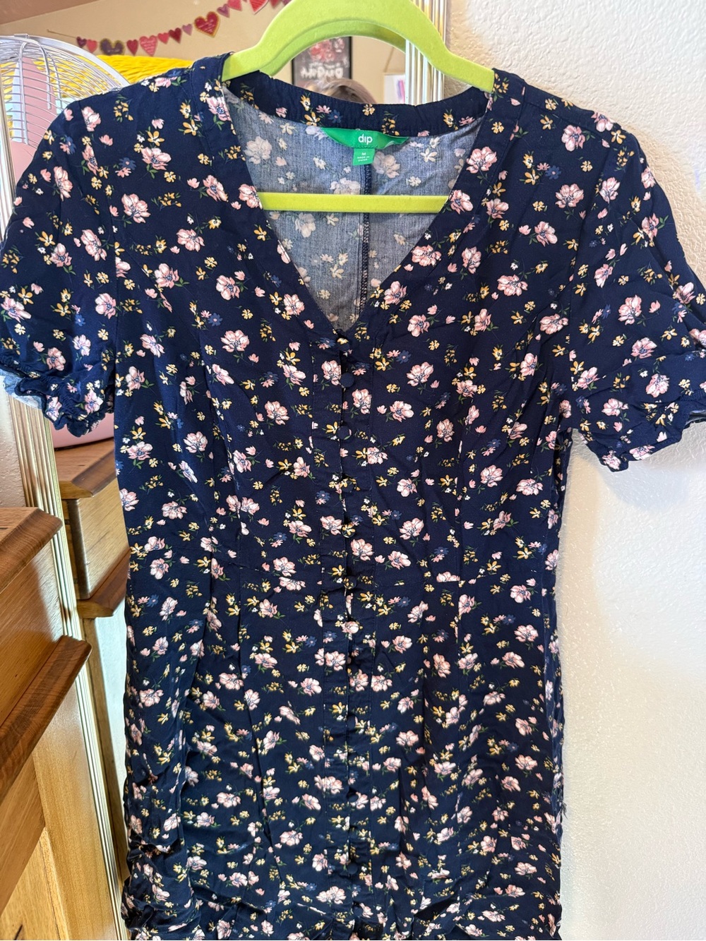 dip Navy Floral V-Neck Mini Dress with Pink Blossoms